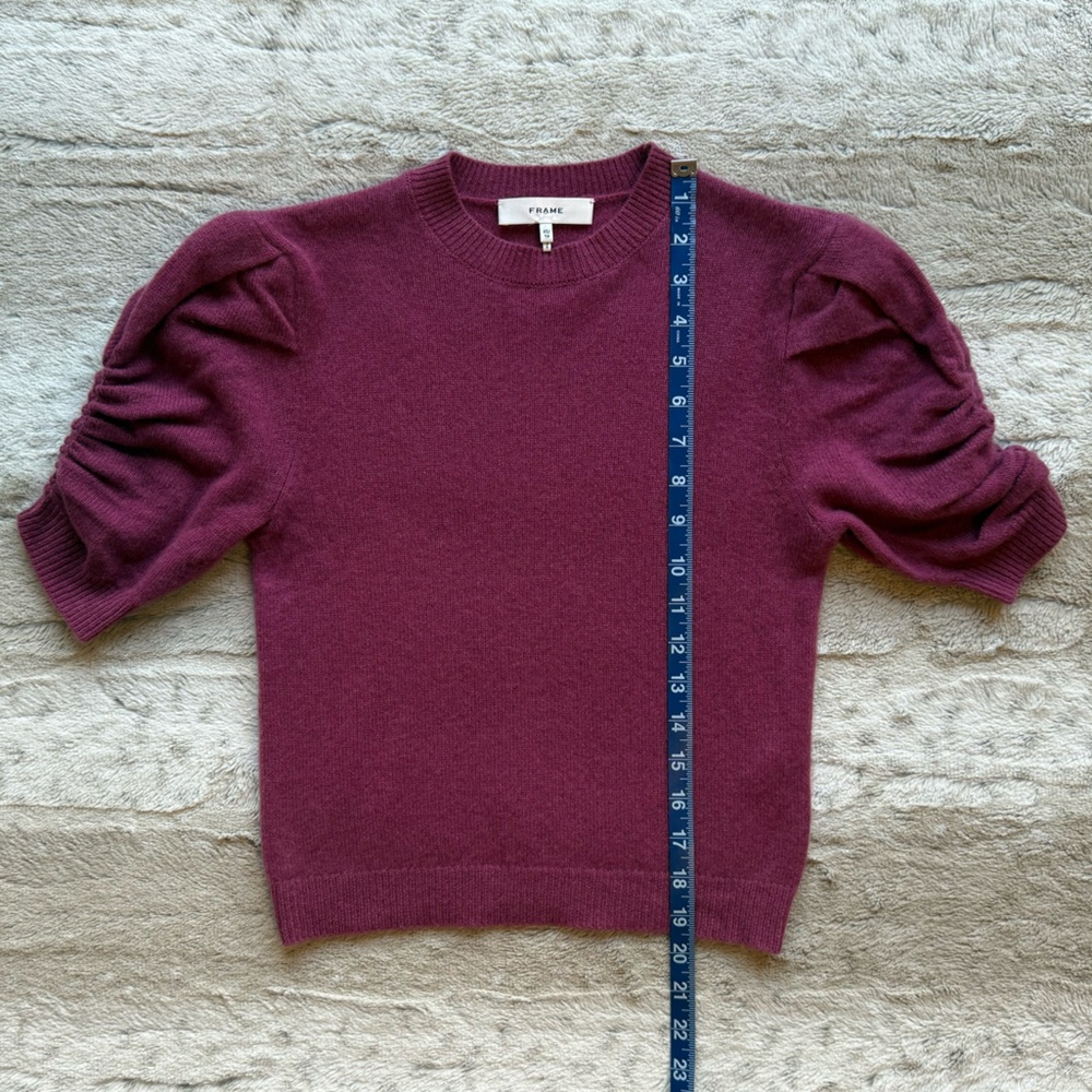 NWOT  FRAME Ruched Sleeve 100% Cashmere Sweater in Dragon Fruit - Picture 7 of 10